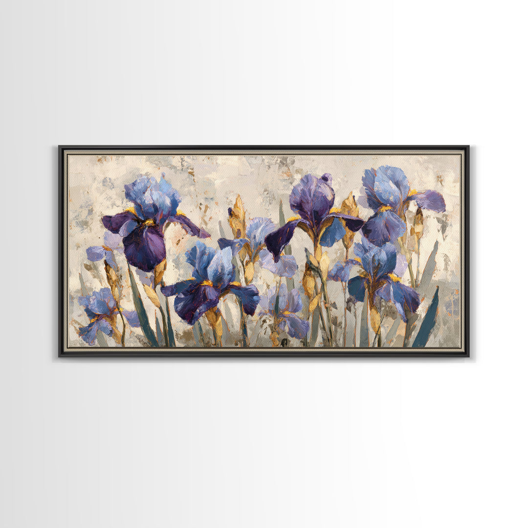 Iris Garden with Blue Violet Strokes Framed Canvas Print, Impressionist Art, Wall Decor, Living Room Decor, Impression, IMP-2x1-40