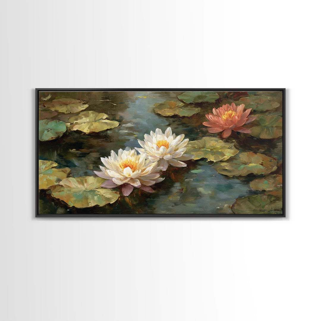 Water Lilies Floating on a Sunlit Pond Framed Canvas Print, Impressionist Art, Farmhouse Decor, Living Room Decor, Impression, IMP-2x1-45