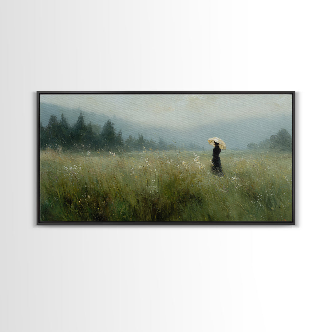 Woman with Parasol in Breezy Meadow Canvas Print, Impressionist Art, Horizontal Wall Art, Living Room Decor, Oil Painting, IMP-2x1-47