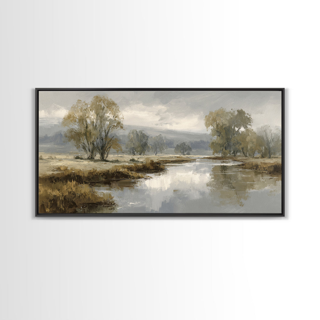 Misty Riverbank with Willow Trees Framed Canvas Print, Impressionist Art, Modern Wall Art, Living Room Decor, Impression, IMP-2x1-55