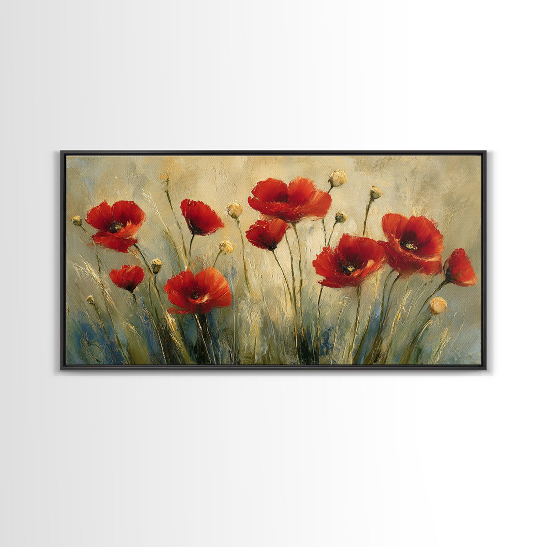 Poppies Blowing Through Green Grass Framed Canvas Print, Impressionist Art, Original Painting, Living Room Decor, Impression, IMP-2x1-56