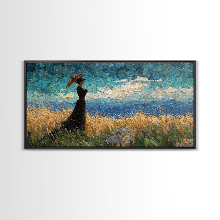 Woman with Parasol in Breezy Meadow Canvas Print, Impressionist Art, Landscape Art, Living Room Decor, Fine Art, Impression, IMP-2x1-71