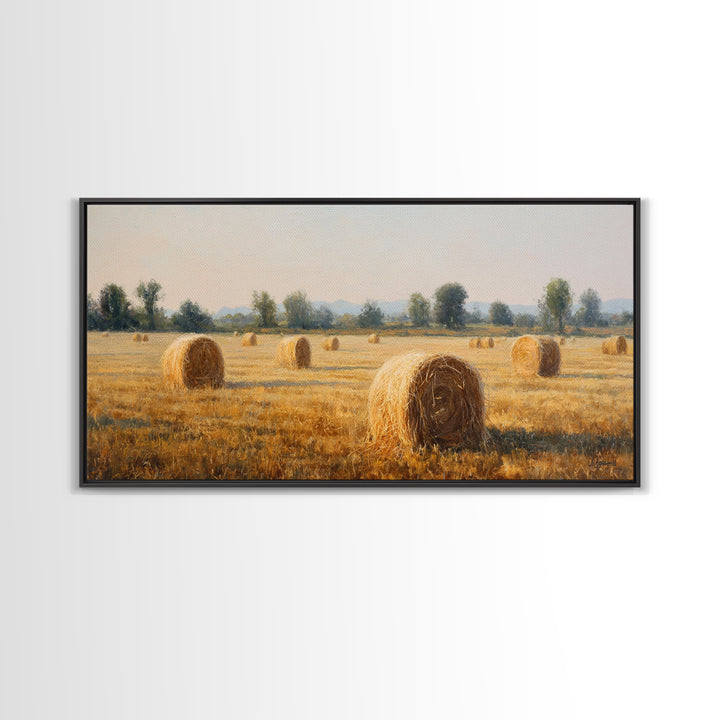 Haystacks Glowing at Golden Hour Framed Canvas Print, Impressionist Art, Bedroom Decor, Living Room Decor, Fine Art, Impression, IMP-2x1-72