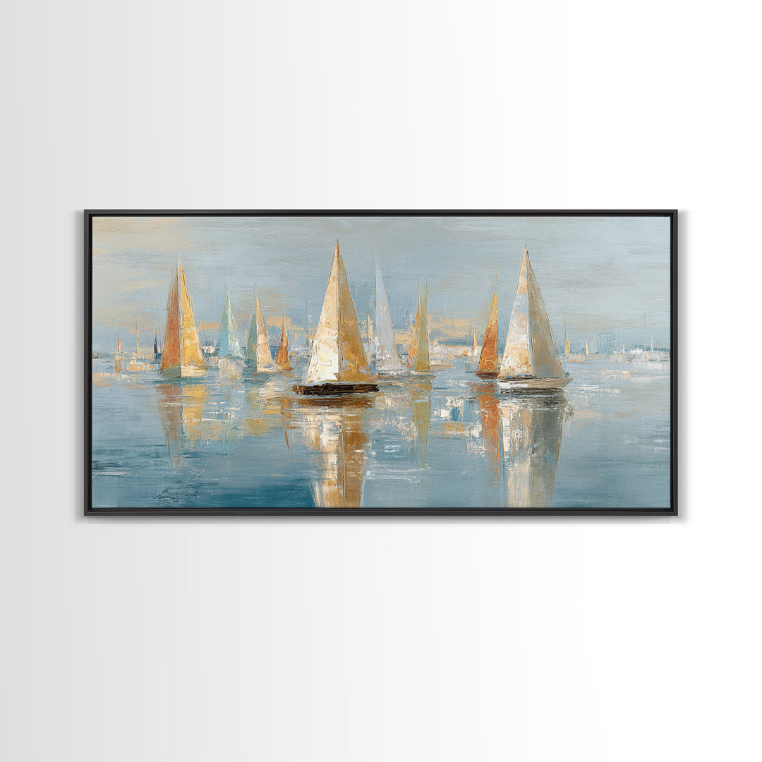 Sailboats on a Bright Sparkling Harbor Canvas Print, Impressionist Art, Horizontal Wall Art, Living Room Decor, Oil Painting, IMP-2x1-77