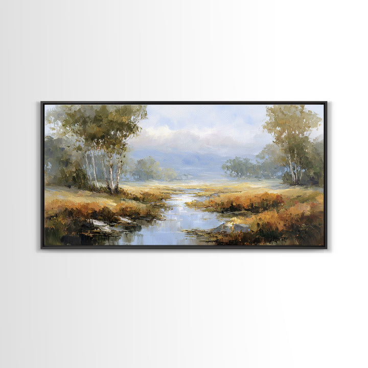 Misty Riverbank with Willow Trees Framed Canvas Print, Impressionist Art, Flower Print, Living Room Decor, Fine Art, Impression, IMP-2x1-79