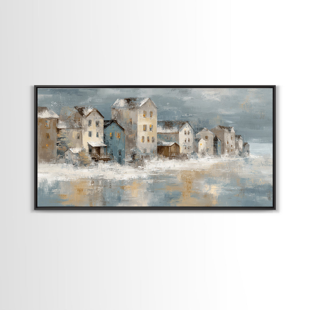 Snowy Village with Warm Glowing Windows Canvas Print, Impressionist Art, Wall Art Framed, Living Room Decor, Impression, IMP-2x1-81