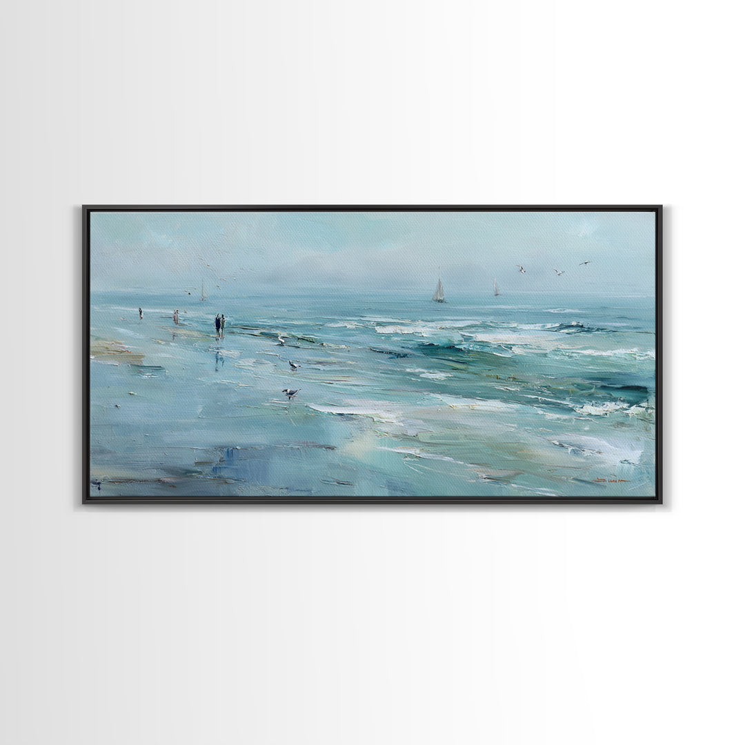 Coastal Beach Figures Framed Canvas Print, Impressionist Art, Gallery Wall Art, Living Room Decor, Oil Painting, Impression, IMP-2x1-87