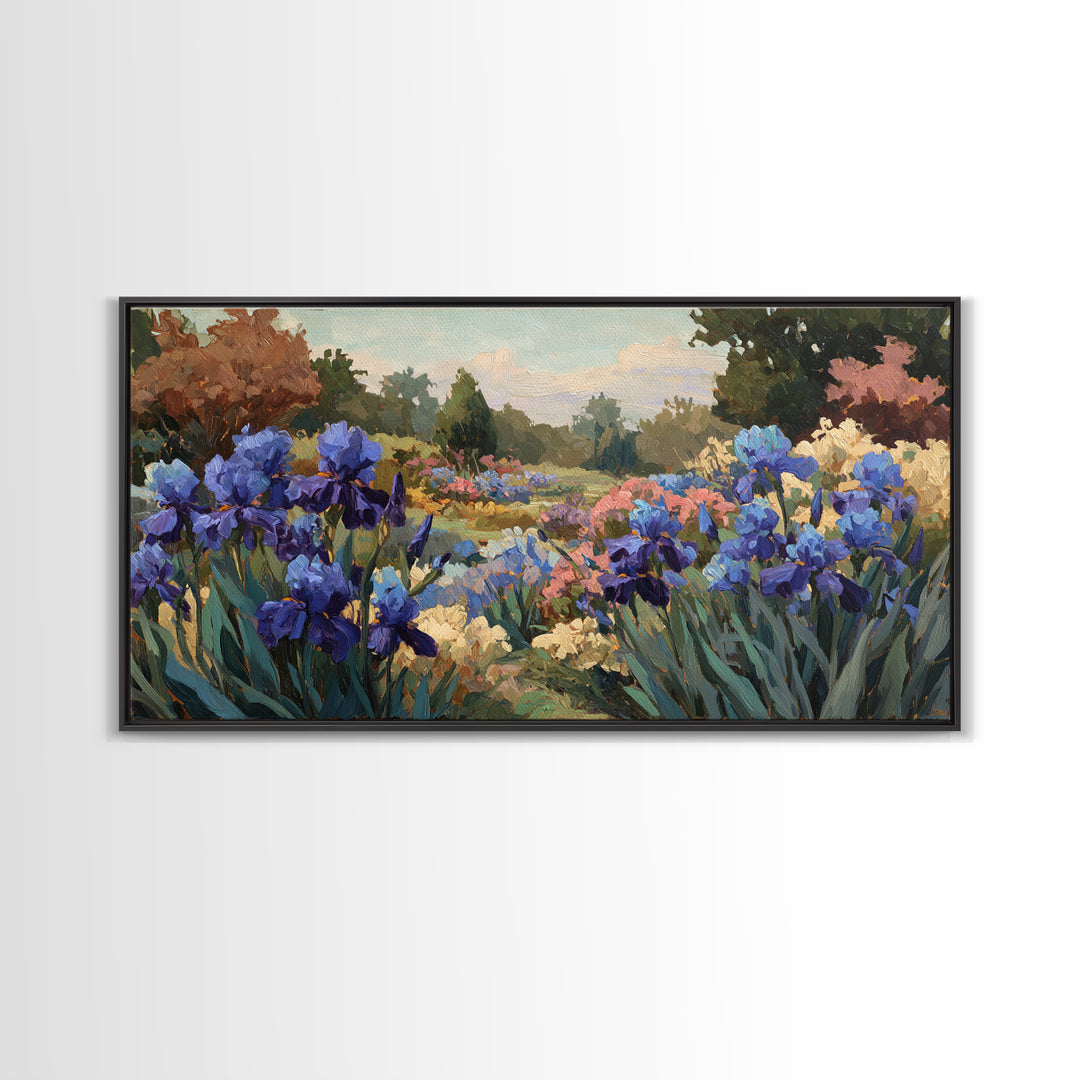 Iris Garden with Blue Violet Strokes Framed Canvas Print, Impressionist Art, Living Room Decor, Watercolor Art, Impression, IMP-2x1-88