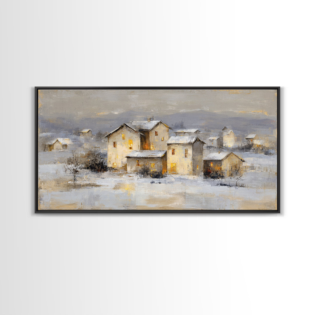 Snowy Village with Warm Glowing Windows Framed Canvas Print, Impressionist Art, Art Print, Living Room Decor, Impression, IMP-2x1-9