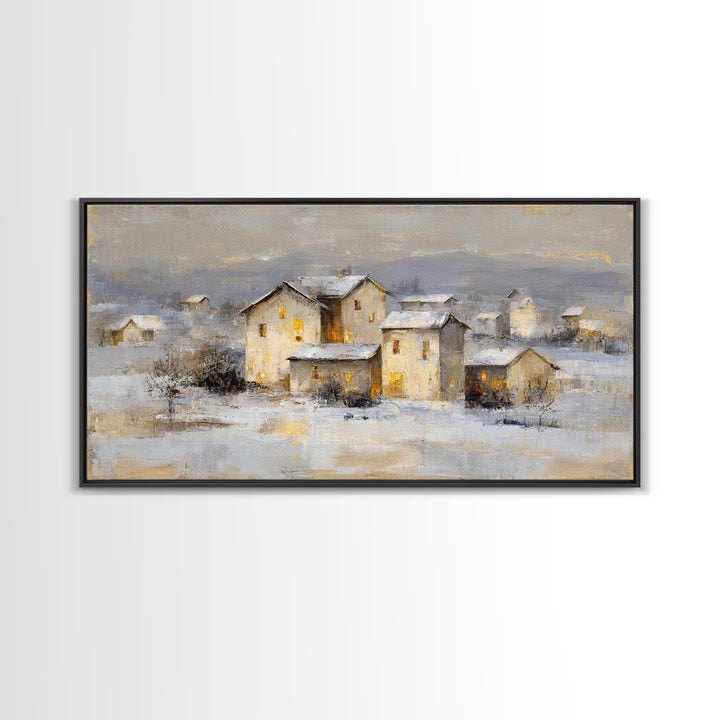 Snowy Village with Warm Glowing Windows Framed Canvas Print, Impressionist Art, Art Print, Living Room Decor, Impression, IMP-2x1-9