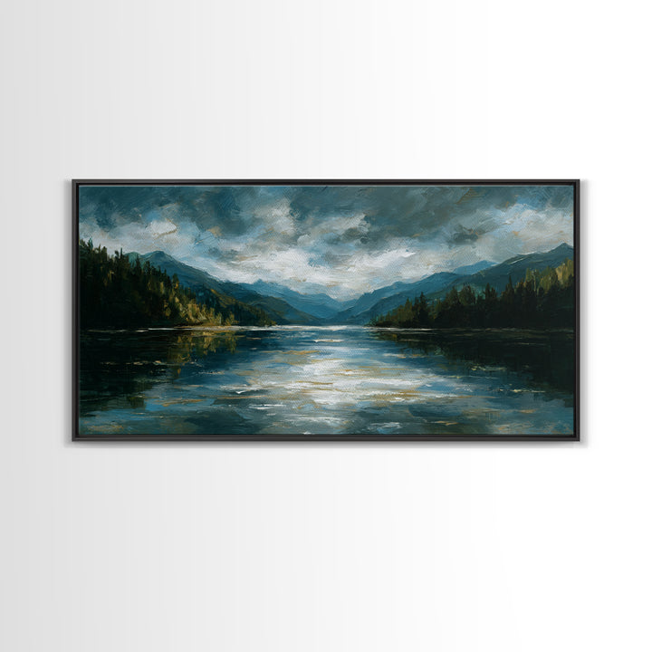 Mountain Lake with Sparkling Reflections Canvas Print, Impressionist Art, Horizontal Wall Art, Living Room Decor, Impression, IMP-2x1-92