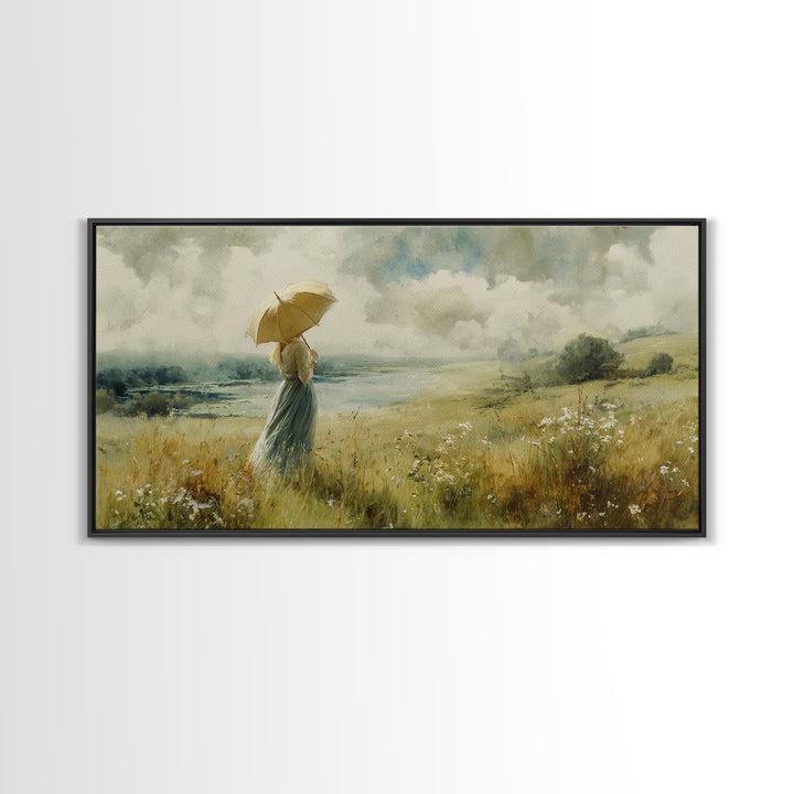 Woman with Parasol in Breezy Meadow Framed Canvas Print, Impressionist Art, Neutral Decor, Living Room Decor, Impression, IMP-2x1-95