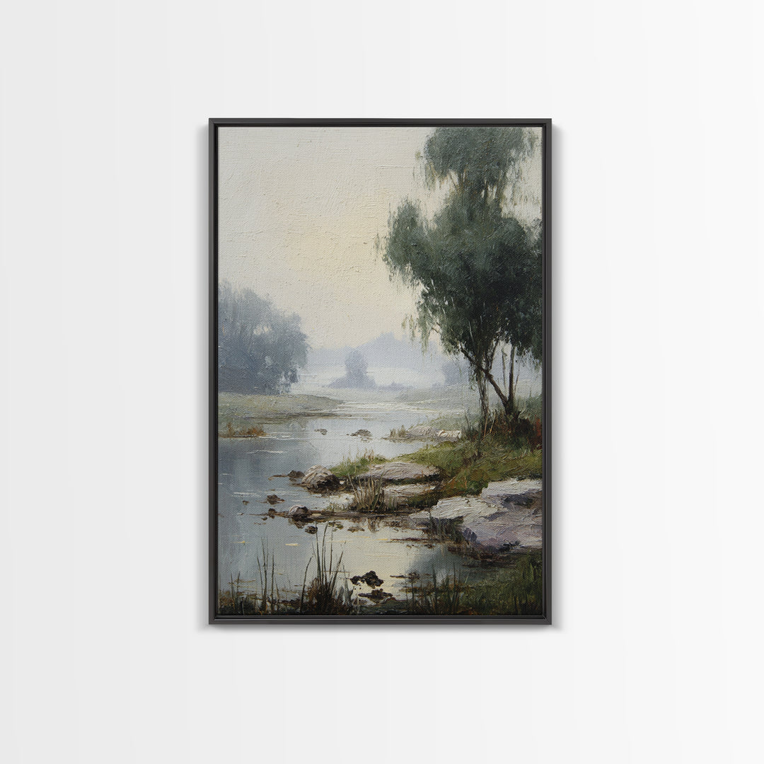 Misty Riverbank with Willow Trees Framed Canvas Print, Impressionist Art, Contemporary Art, Living Room Decor, Impression, IMP-2x3-19