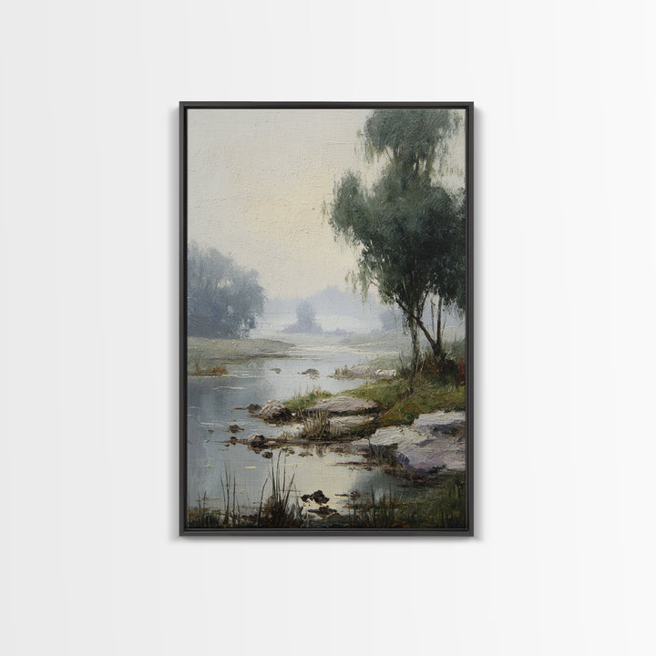 Misty Riverbank with Willow Trees Framed Canvas Print, Impressionist Art, Contemporary Art, Living Room Decor, Impression, IMP-2x3-19