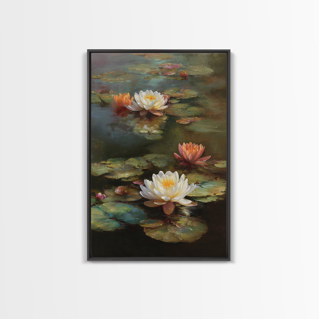 Water Lilies Floating on a Sunlit Pond Canvas Print, Impressionist Art, Wall Art Framed, Living Room Decor, Impression, IMP-2x3-33