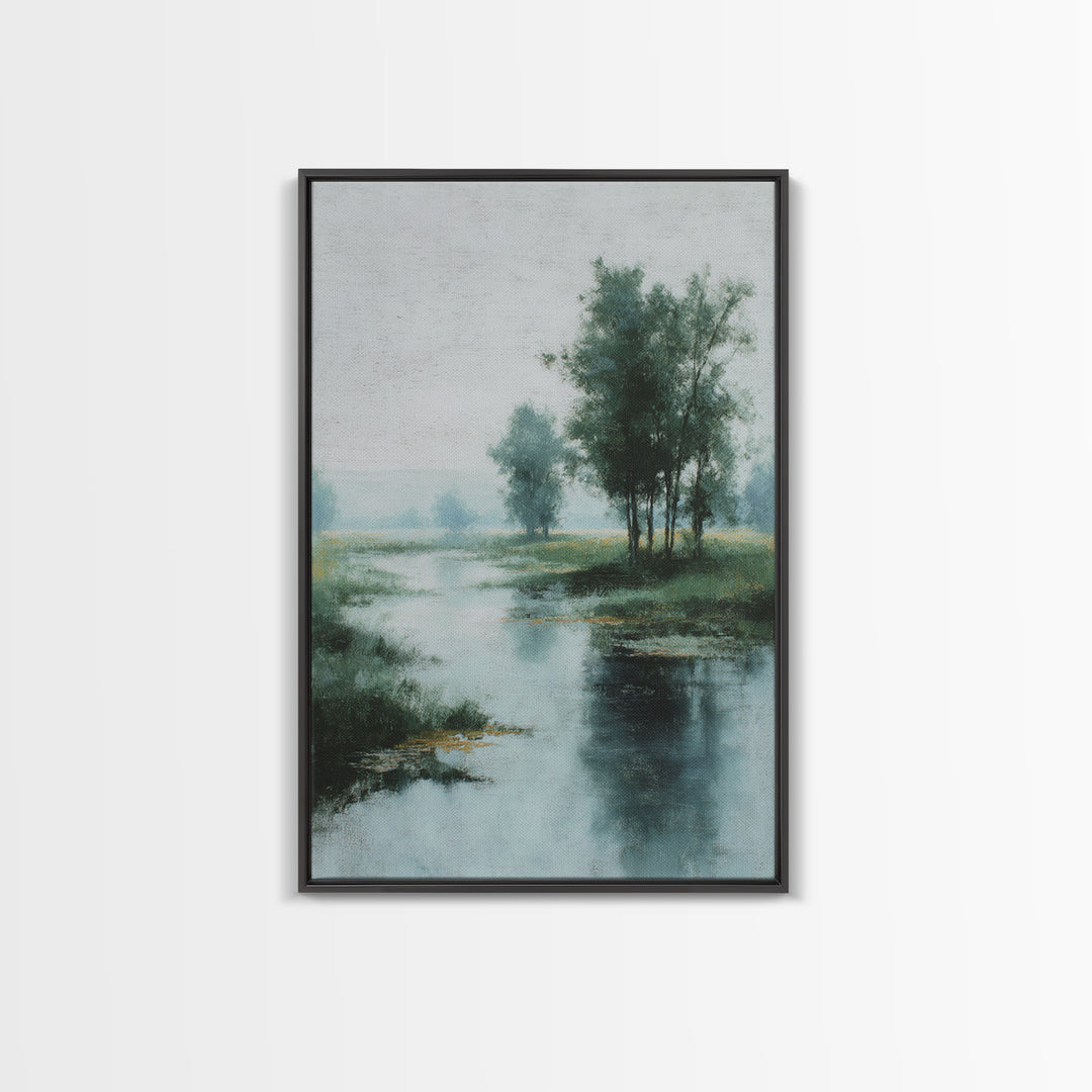 Misty Riverbank with Willow Trees Framed Canvas Print, Impressionist Art, Textured Wall Art, Living Room Decor, Impression, IMP-2x3-43