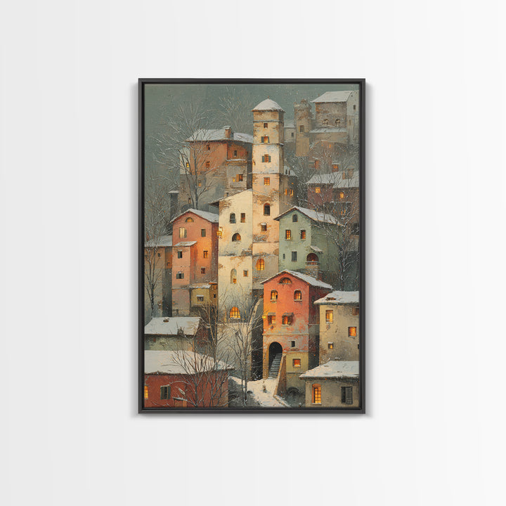 Snowy Village with Warm Glowing Windows Canvas Print, Impressionist Art, Farmhouse Decor, Living Room Decor, Impression, IMP-2x3-45