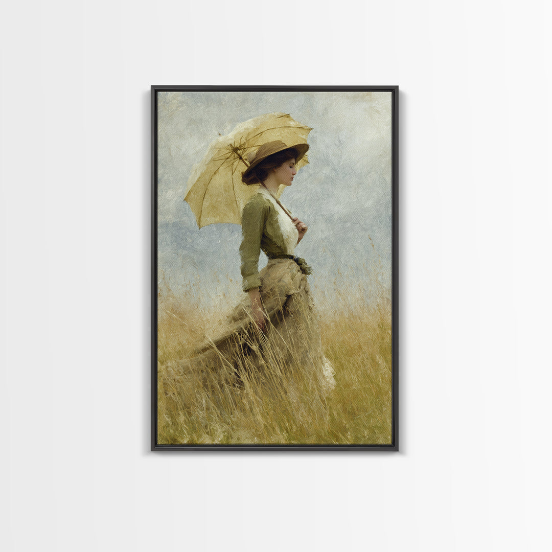 Woman with Parasol in Breezy Meadow Framed Canvas Print, Impressionist Art, Landscape Art, Living Room Decor, Impression, IMP-2x3-83