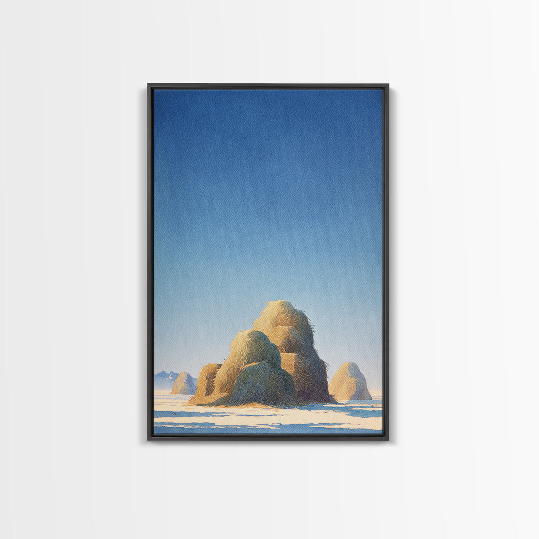 Haystacks Glowing at Golden Hour Framed Canvas Print, Impressionist Art, Modern Decor, Living Room Decor, Fine Art, Impression, IMP-2x3-84