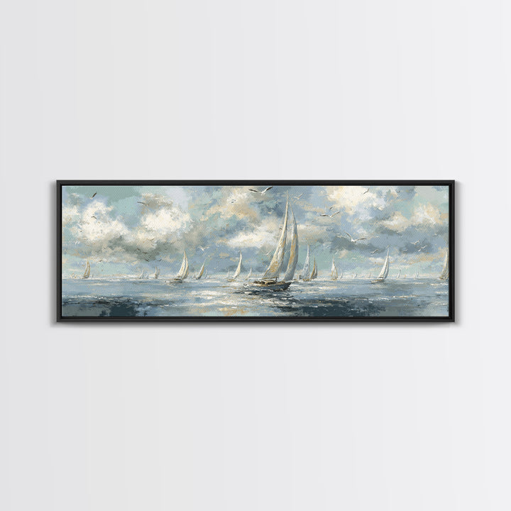 Sailboats on a Bright Sparkling Harbor Canvas Print, Impressionist Art, Abstract Painting, Living Room Decor, Impression, IMP-3x1-1