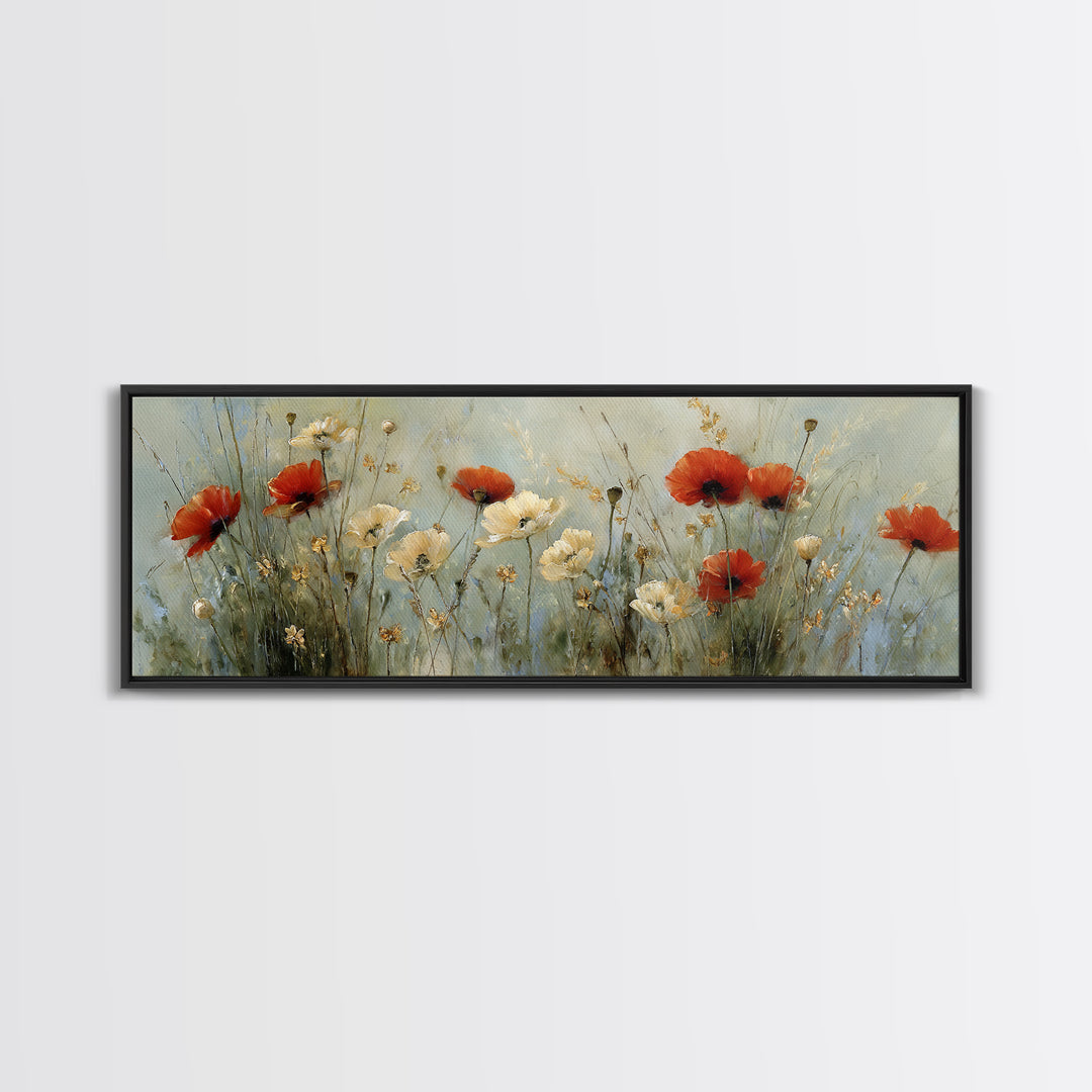 Poppies Blowing Through Green Grass Canvas Print, Impressionist Art, Living Room Decor, Abstract Art, Impression, IMP-3x1-100