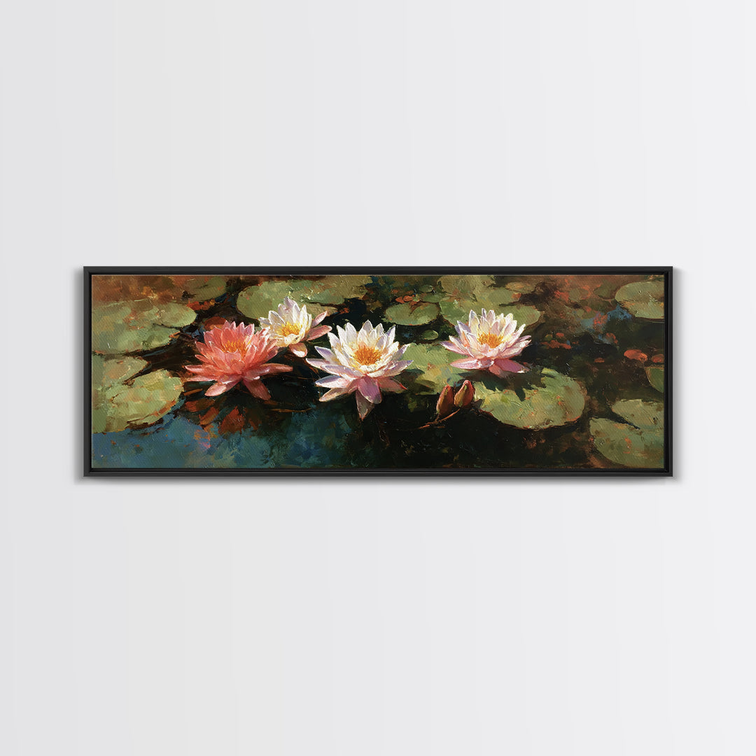 Water Lilies Floating on a Sunlit Pond Framed Canvas Print, Impressionist Art, Gallery Wall Art, Living Room Decor, Impression, IMP-3x1-17