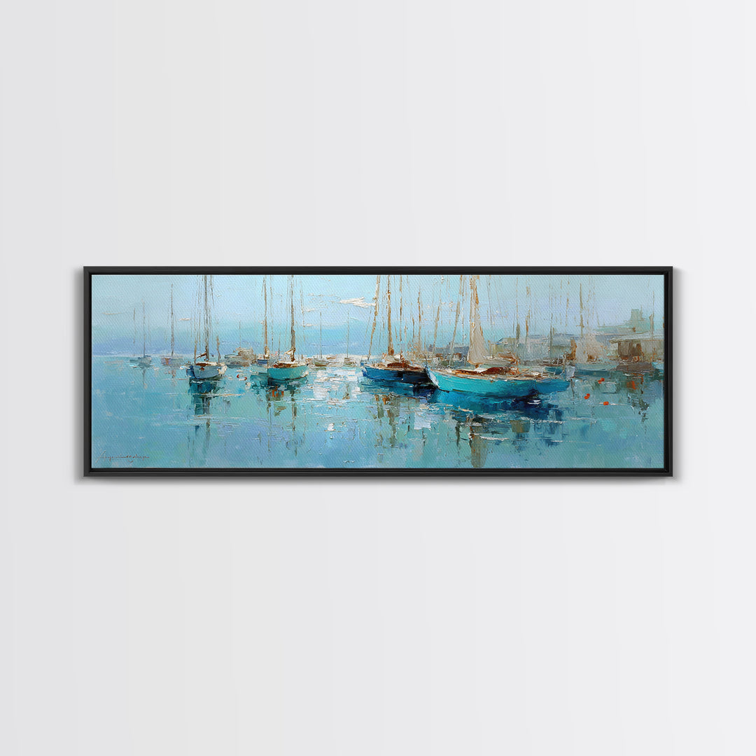 Sailboats on a Bright Sparkling Harbor Canvas Print, Impressionist Art, Landscape Art, Living Room Decor, Abstract Art, IMP-3x1-25