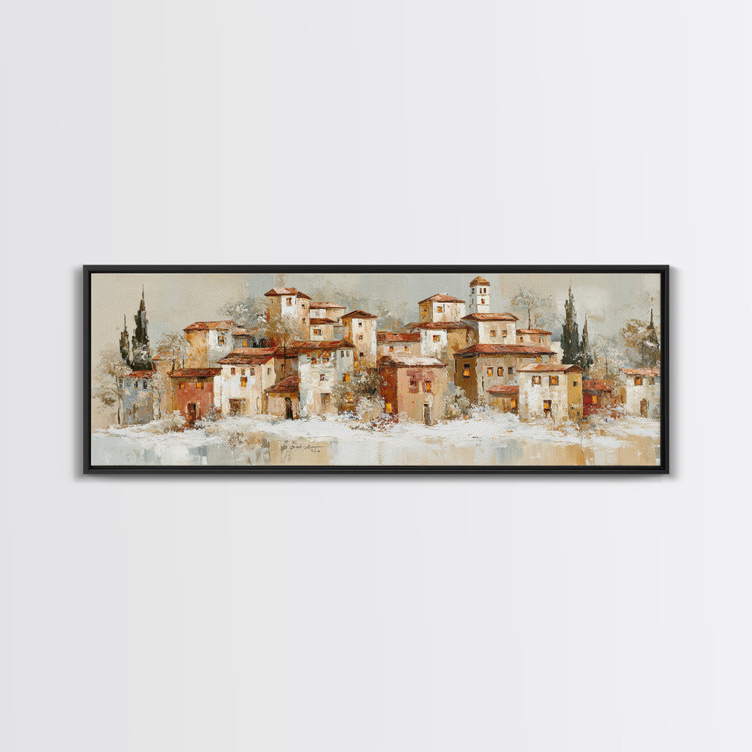 Snowy Village with Warm Glowing Windows Canvas Print, Impressionist Art, Floral Wall Art, Living Room Decor, Oil Painting, IMP-3x1-29