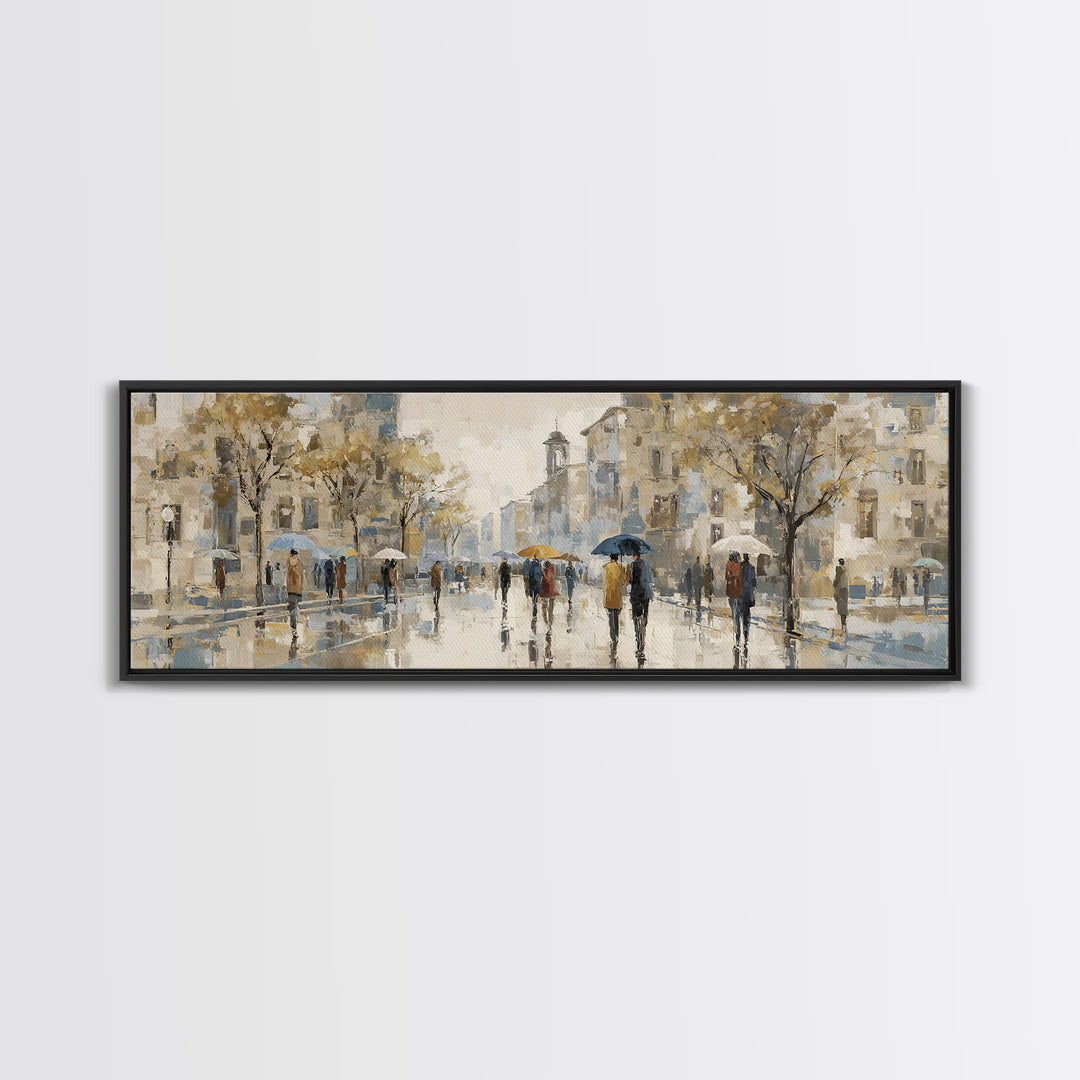 Rainy Boulevard with Umbrella Shapes Canvas Print, Impressionist Art, Landscape Painting, Living Room Decor, Impression, IMP-3x1-37