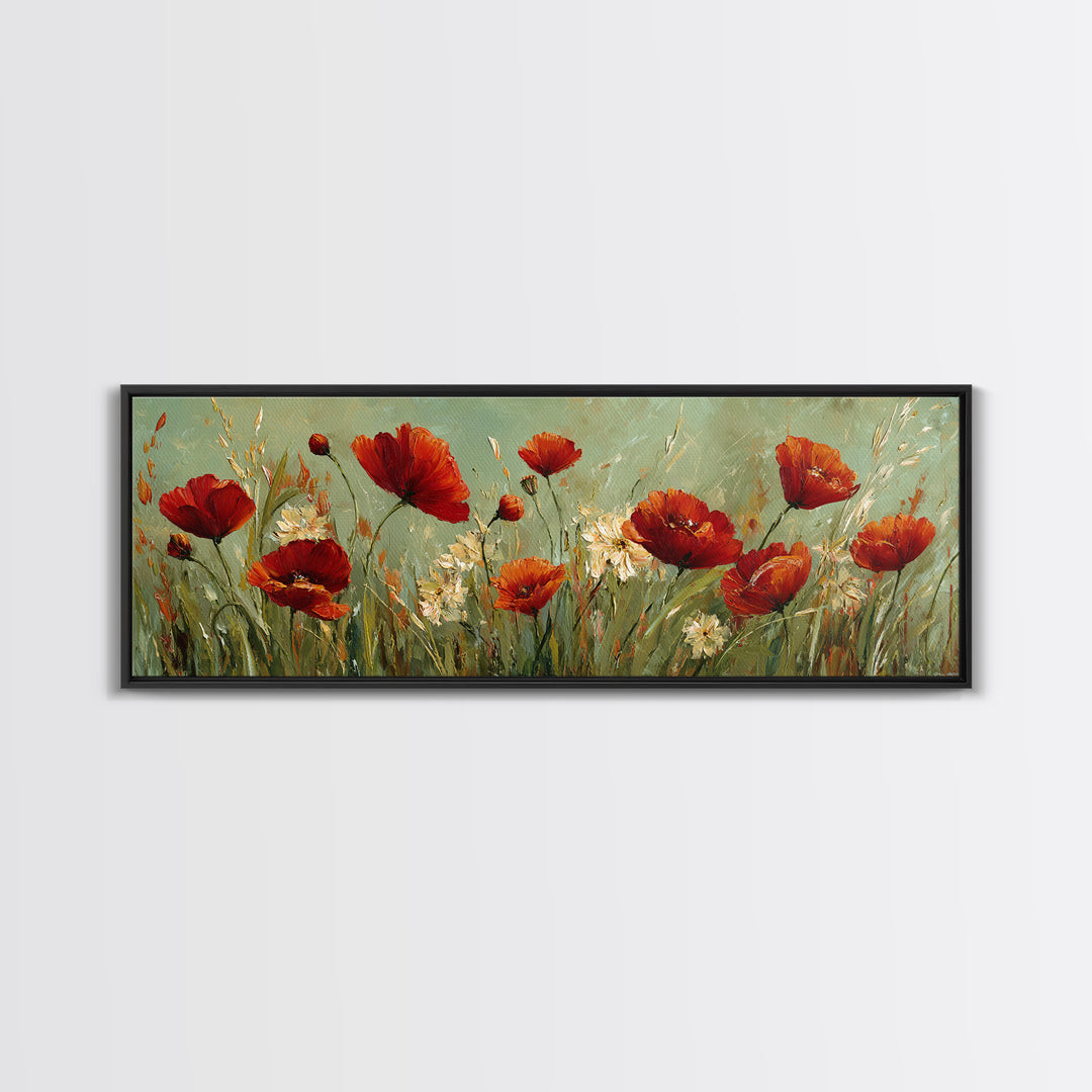 Poppies Blowing Through Green Grass Canvas Print, Impressionist Art, Landscape Painting, Living Room Decor, Watercolor Art, IMP-3x1-4