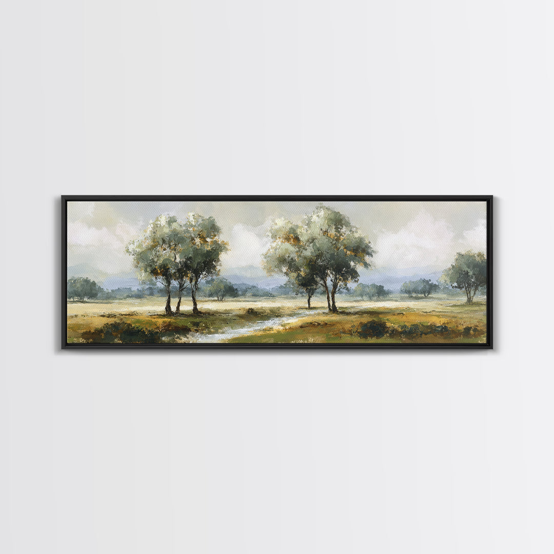 Misty Riverbank with Willow Trees Framed Canvas Print, Impressionist Art, Large Wall Art, Living Room Decor, Impression, IMP-3x1-51