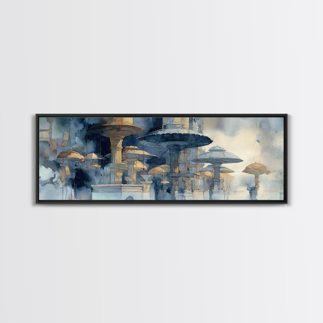 Rainy Boulevard with Umbrella Shapes Canvas Print, Impressionist Art, Living Room Art, Living Room Decor, Abstract Art, IMP-3x1-61