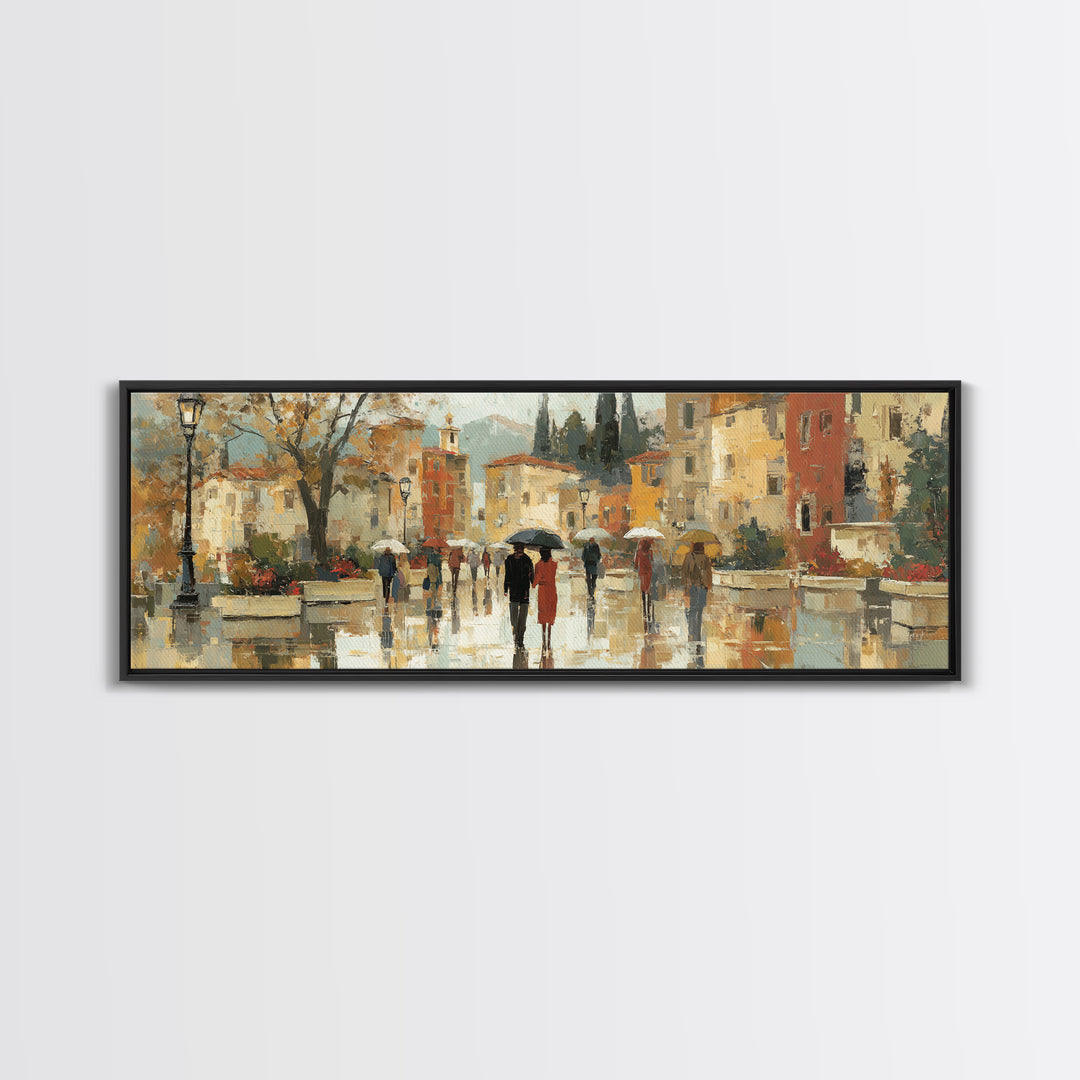 Rainy Boulevard with Umbrella Shapes Canvas Print, Impressionist Art, Living Room Art, Living Room Decor, Abstract Art, IMP-3x1-85