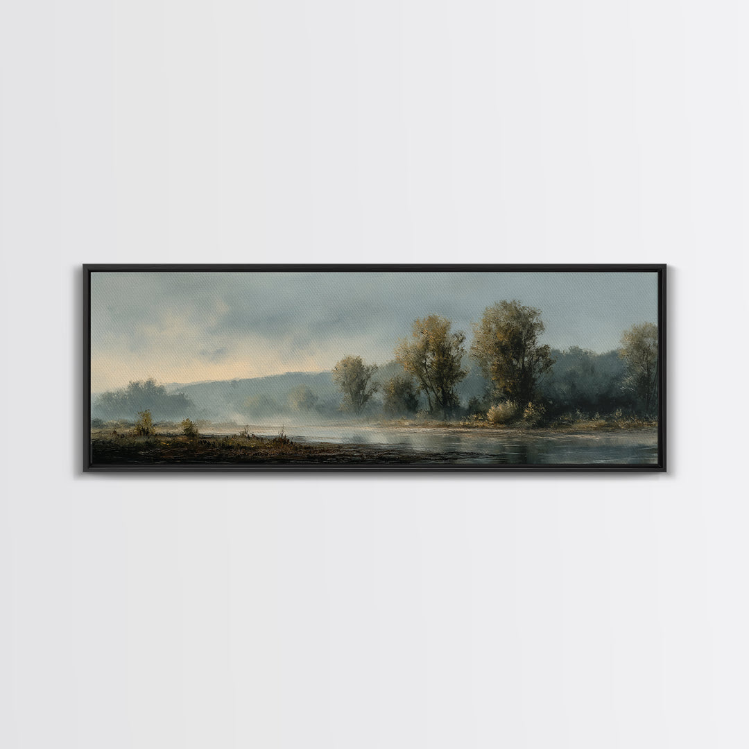 Misty Riverbank with Willow Trees Framed Canvas Print, Impressionist Art, Large Wall Art, Living Room Decor, Impression, IMP-3x1-99