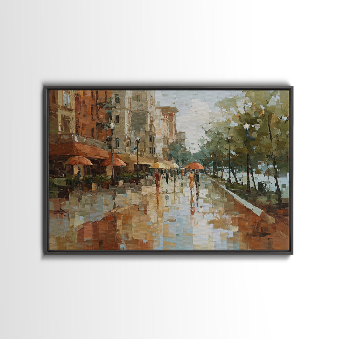 Rainy Boulevard with Umbrella Shapes Canvas Print, Impressionist Art, Abstract Painting, Living Room Decor, Abstract Art, IMP-3x2-1