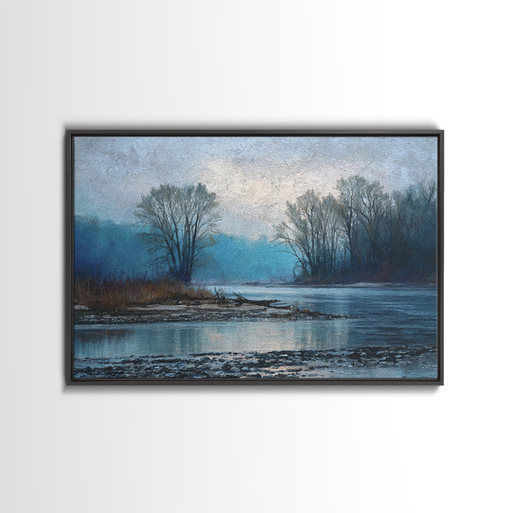 Misty Riverbank with Willow Trees Framed Canvas Print, Impressionist Art, Coastal Wall Art, Living Room Decor, Impression, IMP-3x2-15