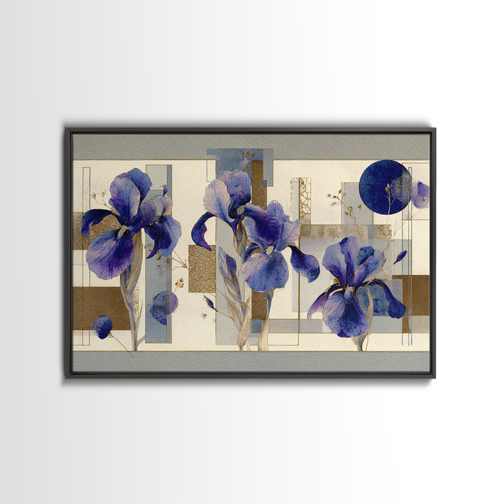 Iris Garden with Blue Violet Strokes Framed Canvas Print, Impressionist Art, Landscape Wall Art, Living Room Decor, Impression, IMP-3x2-24
