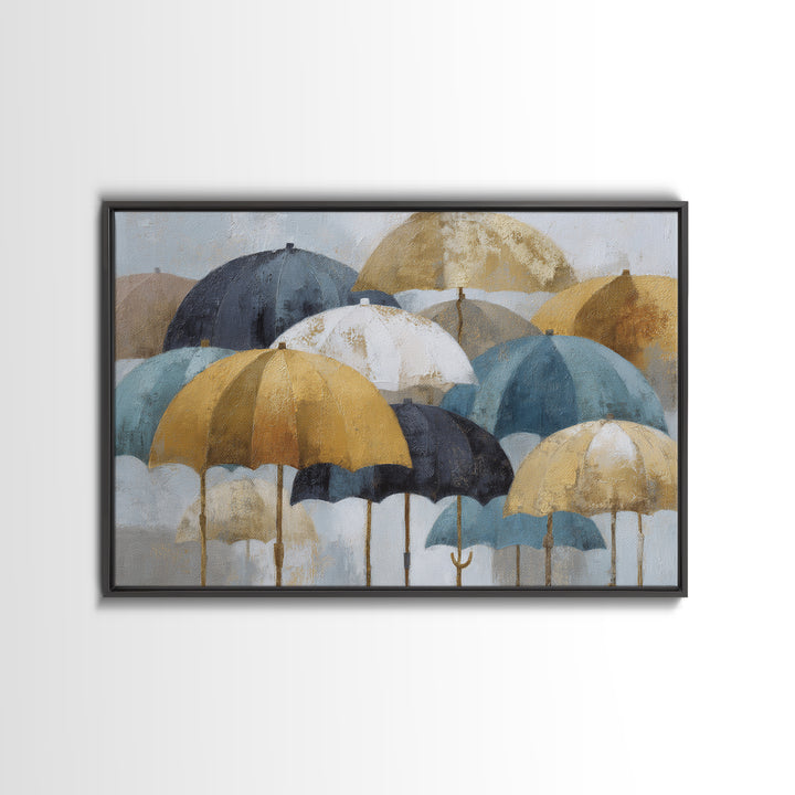 Rainy Boulevard with Umbrella Shapes Framed Canvas Print, Impressionist Art, Landscape Art, Living Room Decor, Impression, IMP-3x2-25