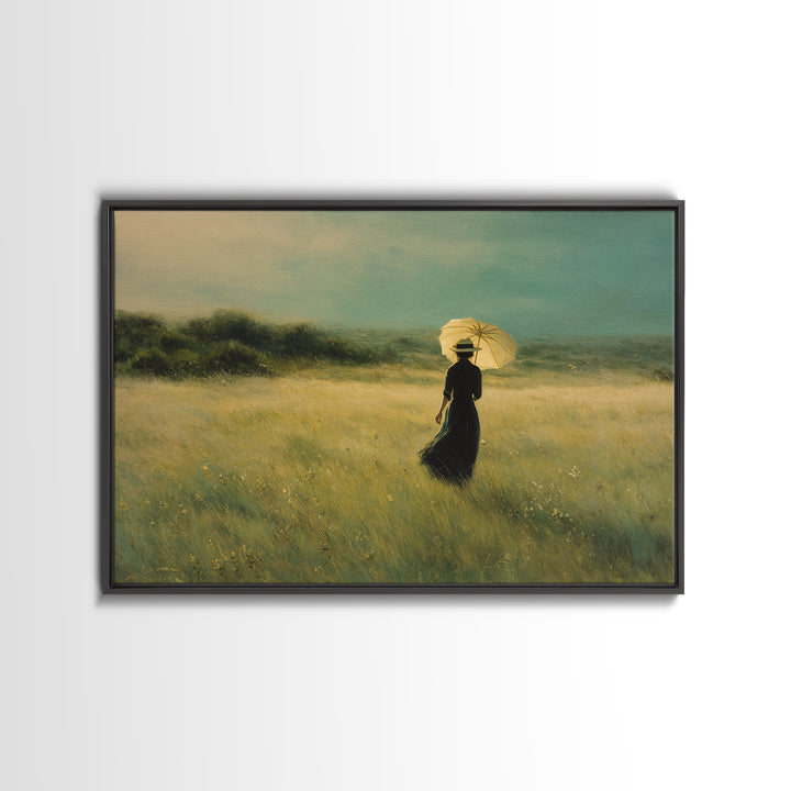 Woman with Parasol in Breezy Meadow Framed Canvas Print, Impressionist Art, Statement Artwork, Living Room Decor, Impression, IMP-3x2-31