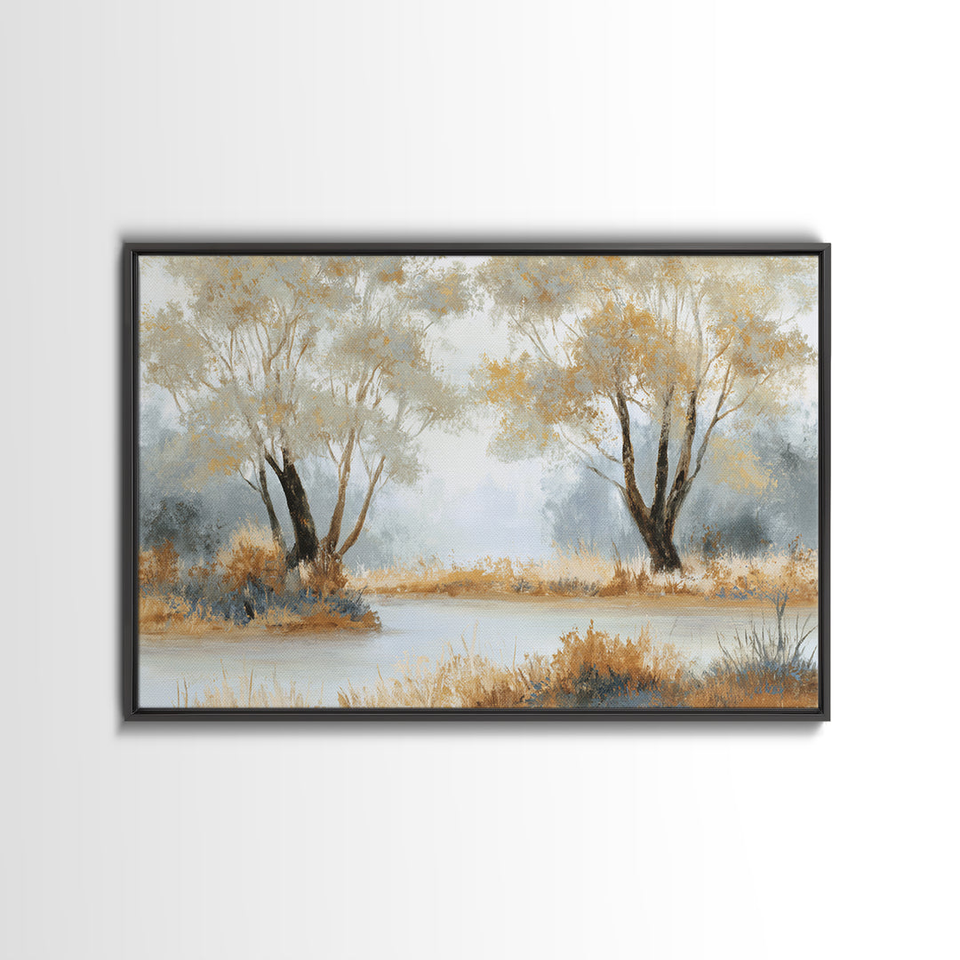 Misty Riverbank with Willow Trees Framed Canvas Print, Impressionist Art, Contemporary Art, Living Room Decor, Impression, IMP-3x2-39