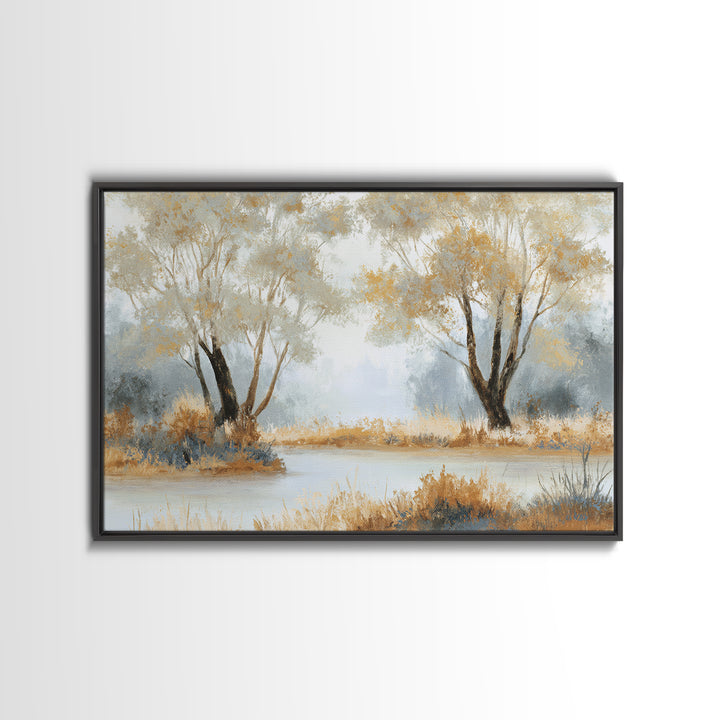 Misty Riverbank with Willow Trees Framed Canvas Print, Impressionist Art, Contemporary Art, Living Room Decor, Impression, IMP-3x2-39