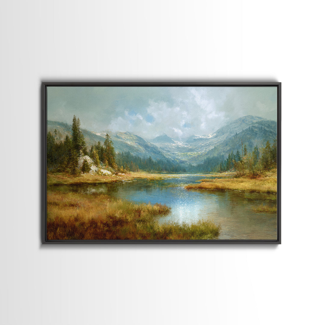 Mountain Lake with Sparkling Reflections Canvas Print, Impressionist Art, Horizontal Wall Art, Living Room Decor, Impression, IMP-3x2-4