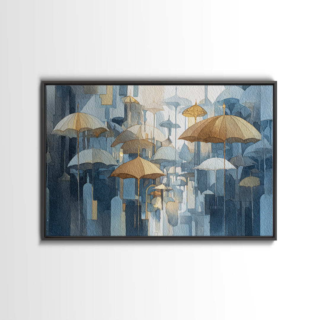 Rainy Boulevard with Umbrella Shapes Canvas Print, Impressionist Art, Neutral Decor, Living Room Decor, Fine Art, Impression, IMP-3x2-49