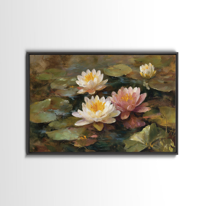 Water Lilies Floating on a Sunlit Pond Canvas Print, Impressionist Art, Colorful Wall Art, Living Room Decor, Impression, IMP-3x2-5