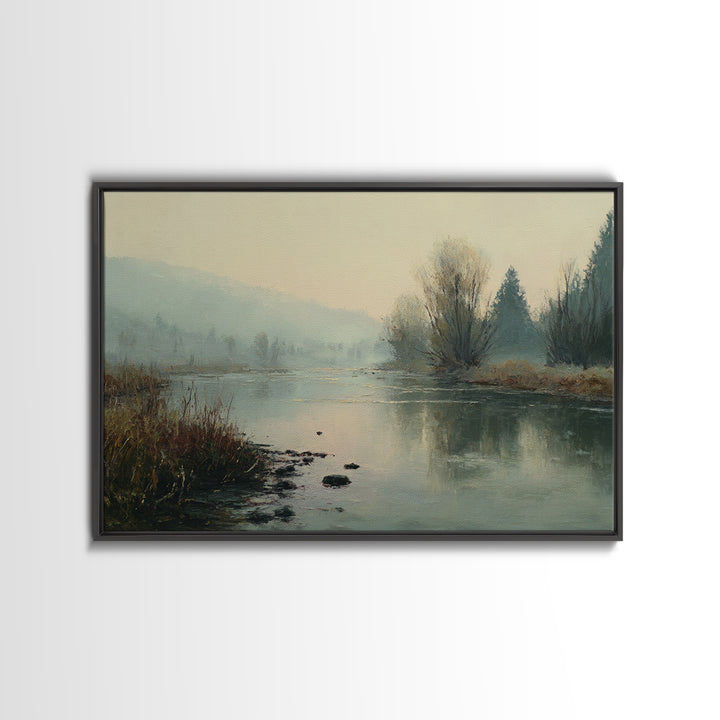 Misty Riverbank with Willow Trees Framed Canvas Print, Impressionist Art, Modern Art, Living Room Decor, Fine Art, Impression, IMP-3x2-63