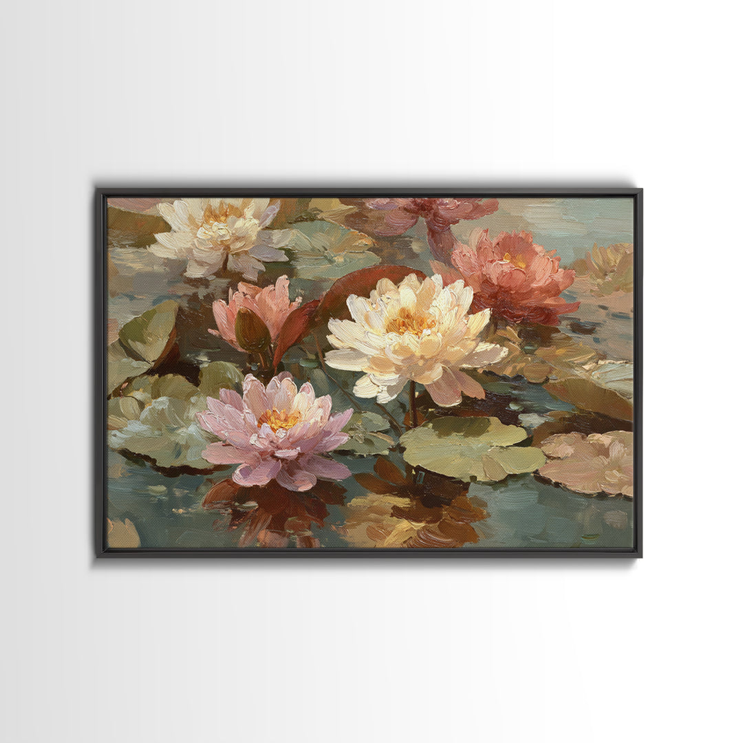 Water Lilies Floating on a Sunlit Pond Framed Canvas Print, Impressionist Art, Room Decor, Living Room Decor, Impression, IMP-3x2-77