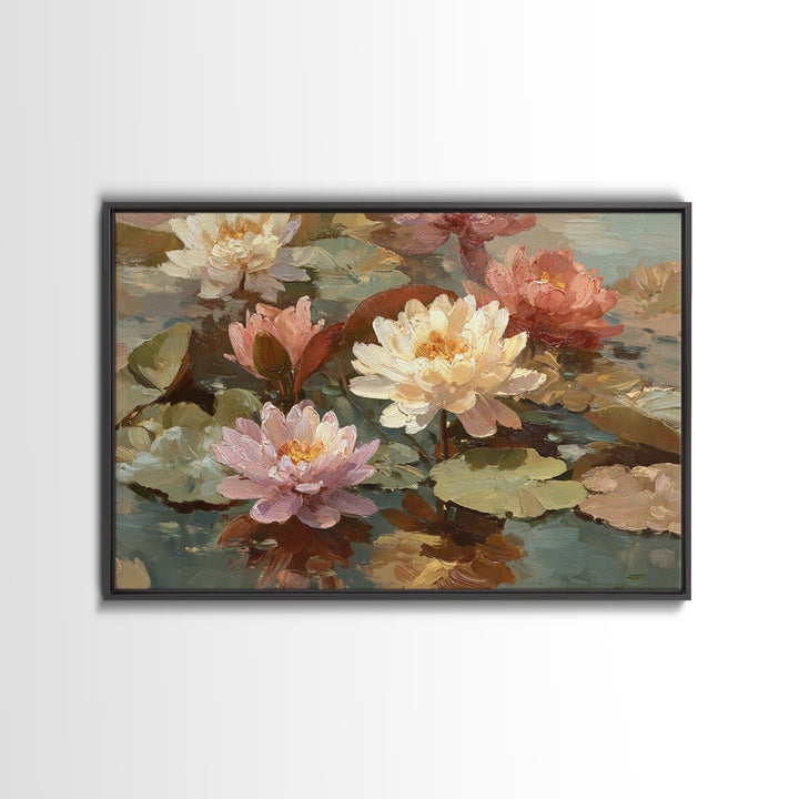 Water Lilies Floating on a Sunlit Pond Framed Canvas Print, Impressionist Art, Room Decor, Living Room Decor, Impression, IMP-3x2-77