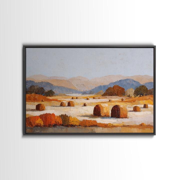 Haystacks Glowing at Golden Hour Framed Canvas Print, Impressionist Art, Floral Wall Art, Living Room Decor, Oil Painting, IMP-3x2-8