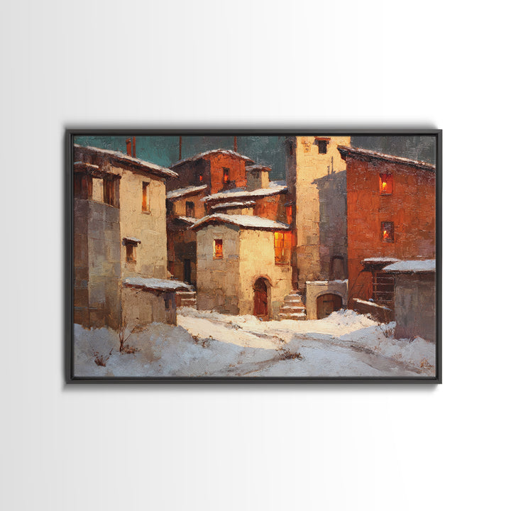 Snowy Village with Warm Glowing Windows Canvas Print, Impressionist Art, Boho Decor, Living Room Decor, Oil Painting, IMP-3x2-89