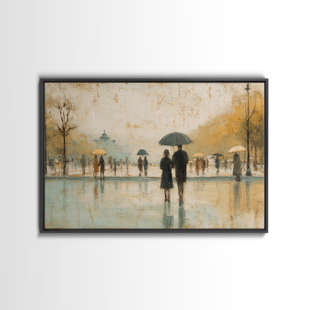 Rainy Boulevard with Umbrella Shapes Framed Canvas Print, Impressionist Art, Luxury Decor, Living Room Decor, Abstract Art, IMP-3x2-97